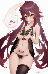 1girl babydoll bandaid bandaids_on_nipples bare_shoulders black_babydoll black_thighhighs blush bra breasts brown_hair chinese_commentary clothes_lift collarbone flower-shaped_pupils genshin_impact ghost groin hair_between_eyes highres hu_tao_(genshin_impact) l_ract lifting_own_clothes lingerie long_hair looking_at_viewer navel panties pasties pubic_tattoo red_eyes shirt_lift sidelocks simple_background single_thighhigh small_breasts solo stomach symbol-shaped_pupils tattoo thigh_gap thighhighs twintails underwear white_background