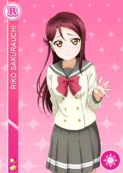 Rule 34 | 1girl, anime coloring, arm behind back, blush, bow, bowtie, buttons, card (medium), closed mouth, collarbone, cowboy shot, double-breasted, grey sailor collar, grey skirt, hair ornament, hairclip, half updo, hand up, long hair, long sleeves, looking at viewer, love live!, love live! school idol festival, love live! sunshine!!, official art, open hand, palms, pink background, pleated skirt, raised inner eyebrows, red bow, red bowtie, red hair, sailor collar, sakurauchi riko, school uniform, serafuku, shirt, skirt, solo, spread fingers, standing, star (symbol), uranohoshi school uniform, white shirt, winter uniform, yellow eyes