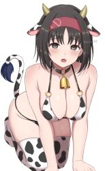 1girl :o all_fours animal_ears animal_print armpit_crease artist_name bare_shoulders bell bikini black_bikini black_choker black_hair black_hairband black_thighhighs blush breasts choker cleavage collarbone commentary_request cow_ears cow_horns cow_print cow_print_bikini cow_print_thighhighs cow_tail cowbell erika_(pokemon) fake_animal_ears fake_horns grey_eyes hairband highres horns large_breasts looking_at_viewer medium_hair multicolored_bikini neck_bell nintendo o-ring o-ring_bikini o-ring_choker open_mouth pokemon pokemon_frlg print_bikini print_thighhighs raised_eyebrows red_hairband short_hair simple_background solo surippa1010 swimsuit tail thighhighs twitter_username two-tone_bikini two-tone_thighhighs white_background white_bikini white_thighhighs