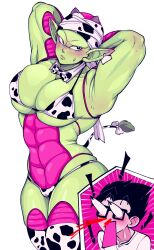 ! 2boys abs animal_print armpits arms_up bikini black_hair blood blush cow_boy cow_horns cow_print cow_tail dragon_ball fang glasses horns large_pectorals male_focus multiple_boys muscular muscular_male niusesabe nosebleed pectorals pervert piccolo pointy_ears son_gohan sweatdrop swimsuit tail thick_thighs thighhighs thighs yaoi