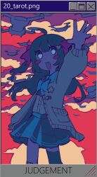 1girl absurdres ahoge arm_up black_skirt black_thighhighs blue_bow blue_bowtie blue_eyes blue_sailor_collar blush blush_stickers bow bowtie brown_hair card_(medium) cardigan cloud drone highres indie_virtual_youtuber judgement_(tarot) long_hair microsoft_windows neuro-sama non-web_source open_mouth pasharuu red_sky sailor_collar shirt skirt sky smile solo sun sunset swarm_drone_(neuro-sama) tarot tarot_(medium) thighhighs two_side_up virtual_youtuber white_shirt window_(computing) windows_95 windows_classic yellow_cardigan