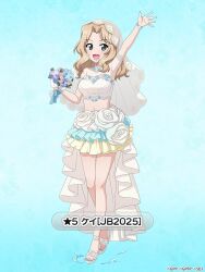 1girl armpits bare_legs blonde_hair blue_background blue_eyes blue_flower blue_nails blue_ribbon blush bouquet bracelet breasts bridal_veil character_name collarbone cropped_shirt floral_print flower frilled_skirt frills full_body girls_und_panzer girls_und_panzer_senshadou_daisakusen! gradient_background hair_intakes high-low_skirt holding holding_bouquet jewelry kay_(girls_und_panzer) layered_skirt legs looking_at_viewer medium_hair midriff official_art open_mouth outstretched_arm pink_flower pink_rose purple_flower ribbon rose see-through_clothes see-through_sleeves shirt shoes skirt smile splashing standing thighs translated veil water waving wavy_hair white_flower white_shirt white_shoes