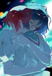 1boy 1girl amate_yuzuriha aqua_shirt blue_hair closed_eyes collared_shirt colored_inner_hair commentary_request couple gundam gundam_gquuuuuux hetero highres hug long_sleeves multicolored_hair purple_hair red_hair school_uniform shirt short_hair shuji_ito smile sweater tears two-tone_hair upper_body white_shirt ymmmkome