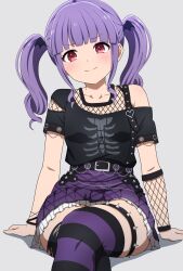 1girl absurdres bang_dream! belt black_belt black_shirt black_thighhighs bracelet chain commentary frilled_skirt frills grey_background heart highres horizontal-striped_clothes horizontal-striped_thighhighs jewelry looking_at_viewer noshimurin purple_hair purple_skirt purple_thighhighs red_eyes shirt simple_background single_bare_shoulder single_fishnet_armwear skirt smile solo thighhighs twintails two-tone_thighhighs udagawa_ako