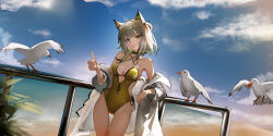 1girl absurdres alternate_costume animal_ear_fluff arknights bare_shoulders bird breasts green_eyes halterneck highres kal&#039;tsit_(arknights) ligod medium_breasts medium_hair one-piece_swimsuit seagull swimsuit