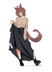 1girl agnes_tachyon_(umamusume) ahoge animal_ears brown_eyes brown_shirt clothes_lift full_body highres horse_ears horse_girl horse_tail long_skirt long_sleeves nishiro_yato shirt simple_background skirt skirt_lift solo tail umamusume white_background