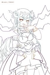 1girl breasts chaos_aurora_(grimms_notes) cleavage grimms_notes hair_ribbon hairband hand_up highres long_hair medium_breasts messy_hair midriff navel open_mouth partially_colored ribbon simple_background single_sock skirt smile socks solo standing teeth thorns tukkii_706041 unfinished upper_teeth_only wheel