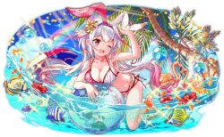 1girl 6+others animal_ears arm_up armpit_crease artist_request ball bare_arms bare_legs bare_shoulders barefoot beachball bent_over bikini bird black_straps blue_sky breasts bubble cel_shading checkered_bikini_top checkered_ribbon cleavage cloud crash_fever day earth_print eyelashes fake_animal_ears fish fish_request flamingo floral_print_bikini floral_print_ribbon flower flower-trimmed_bikini full_body game_cg gradient_hair hairband hibiscus hibiscus_petals large_breasts lens_flare light_rays long_hair looking_at_viewer milankovitch_(crash_fever) multicolored_bikini multicolored_hair multicolored_umbrella multiple_others navel number_print numbered official_art one_eye_closed outdoors outline palm_leaf palm_tree partially_submerged pink_bikini pink_eyes pink_hair print_ribbon rabbit_ears rainbow red_outline reflection reflective_water ribbon side-tie_bikini_bottom sky solo_focus spaghetti_strap square square_print streaked_hair striped_bikini striped_clothes sunbeam sunburst sunlight swimsuit tachi-e teeth third-party_source tongue transparent_background tree two-tone_bikini two-tone_hairband umbrella upper_teeth_only vertical-striped_bikini vertical-striped_clothes vertical-striped_ribbon very_long_hair water white_hair yellow_petals