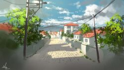 apartment blue_sky building cloud cloudy_sky day grass highres home_nobi house no_humans original path power_lines road scenery sky street town tree utility_pole