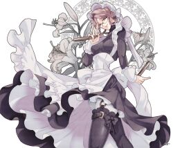 1boy apron belt braid breasts dagger floral_background from_below glasses hair_intakes highres holding holding_dagger holding_knife holding_weapon knife long_hair looking_at_viewer maid maid_apron male_with_breasts original pink_hair ribbon semi_kage_hito small_breasts smile thigh_strap twin_braids v weapon white_background yellow_eyes