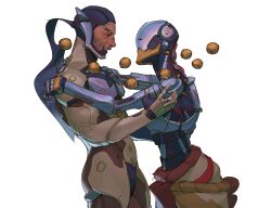 Rule 34 | 2boys, cyborg, eye contact, feet out of frame, floating, floating object, from side, genji (overwatch), hands on another&#039;s shoulders, highres, hug, humanoid robot, looking at another, male focus, multiple boys, overwatch, overwatch 1, robot, simple background, standing, treslech3s, white background, zenyatta (overwatch)