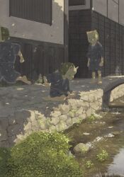 3boys barefoot bridge building butterfly_net child dappled_sunlight day dog_mask grass hand_net highres hokkamuri holding holding_butterfly_net japanese_clothes kusamie mask multiple_boys net original paper_boat rock running shorts sitting standing stream sunlight water