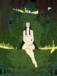 1girl absurdres artist_logo breasts commentary completely_nude english_commentary fox grass hair_censor highres logo long_hair looking_at_viewer moss navel nude original sei5osuzuki sitting solo temple very_long_hair