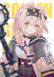 Rule 34 | 1girl, :d, absurdres, animal ears, arknights, black hairband, black jacket, black skirt, blush, cat ears, character name, commentary request, cowboy shot, goldenglow (arknights), grin, hair over shoulder, hairband, high-waist skirt, highres, holding, holding staff, hood, hood down, hooded jacket, id card, jacket, lanyard, lightning bolt print, long hair, long sleeves, looking at viewer, low-braided long hair, low-tied long hair, multicolored jacket, object in pocket, open clothes, open jacket, open mouth, pink hair, pink jacket, pocket, scissors, shirt, shirt tucked in, simple background, skirt, smile, solo, staff, teeth, two-tone jacket, white background, white shirt, yagiusagi, yellow eyes