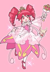 1girl :d ;d absurdres angel_wings arm_up back_bow bare_shoulders blush bow choker clothes_lift collarbone commentary creature detached_sleeves dot_nose dress dress_lift dress_ribbon drill_hair earrings fairy fine_(futagohime) fine_(universal_princess)_(futagohime) frilled_dress frilled_sleeves frills full_body fushigiboshi_no_futago_hime fushigiboshi_no_futago_hime_gyu gold_choker gold_tiara gown hair_between_eyes hair_ornament hashtag-only_commentary heart heart_wand highres holding holding_wand huz_(a1438758295) index_finger_raised jewelry leg_up long_hair looking_at_viewer magical_girl mary_janes one_eye_closed open_mouth pantyhose pink_background pink_dress pink_shoes pink_wrist_cuffs pointy_ears pyupyu red_eyes red_hair ribbon see-through_clothes see-through_sleeves shoes sleeveless sleeveless_dress smile sparkle sparkle_background sphere_earrings standing standing_on_one_leg star_(symbol) star_earrings star_hair_ornament strapless strapless_dress tiara twin_drills wand white_bow white_hair white_pantyhose white_ribbon wide_sleeves wings wrist_cuffs