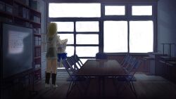 1girl black_socks blonde_hair bookshelf braid chair clubroom commentary_request crown_braid desk facing_away folding_chair game_screenshot_background grey_sailor_collar grey_skirt hair_rings highres holding holding_unworn_clothes in-universe_location indoors light_particles lonely love_live! love_live!_school_idol_festival love_live!_sunshine!! medium_hair miniskirt ohara_mari one_side_up pleated_skirt sailor_collar school_desk school_uniform screenshot_background shirt shoes single_hair_ring sink skirt sleeveless sleeveless_shirt socks solo standing summer_uniform syoma_(1026syoma) table translation_request uranohoshi_school_uniform uwabaki vignetting white_shirt white_shoes whiteboard window