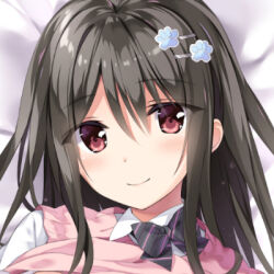 1girl bed_sheet black_bow black_bowtie blush bow bowtie closed_mouth collared_shirt commentary_request cropped diagonal-striped_bow diagonal-striped_bowtie diagonal-striped_clothes eyes_visible_through_hair hair_between_eyes long_hair looking_at_viewer lowres lying on_back original oryo_(oryo04) paw_hair_ornament pink_sweater_vest school_uniform shirt smile solo striped_clothes sweater_vest white_shirt wing_collar