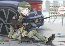 1girl armband artist_name assault_rifle bandage_on_face bandage_on_leg bandages baseball_cap black_jacket black_shoes blue_eyes blurry bullet_hole bulletproof_vest camouflage can car depth_of_field english_text escape_from_tarkov glock gloves glowstick green_gloves green_hat green_pants gun gun_sling hair_between_eyes hair_ornament hairclip handgun hat highres holding holding_weapon holster hood hooded_jacket jacket knee_pads long_sleeves m4_carbine medium_hair motor_vehicle open_mouth optical_sight original outdoors pants rifle savankov shell_casing shoes single_knee_pad sitting snow snowing solo trigger_discipline weapon white_hair