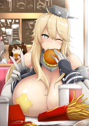 3girls bare_shoulders blonde_hair blue_eyes blush booth_seating breast_envy breasts breasts_out brown_hair burger collar covered_erect_nipples cup disposable_cup eating elbow_gloves exhibitionism fast_food flashing food food_on_face french_fries gloves grey_hair hair_tie headgear highres huge_breasts indoors iowa_(kancolle) kantai_collection long_hair looking_at_viewer mcdonald&#039;s mizuyan multiple_girls o_o one_eye_closed oppai_challenge pasties ponytail public_indecency remodel_(kantai_collection) ryuujou_(kancolle) seat solo_focus star-shaped_pupils star_(symbol) star_pasties symbol-shaped_pupils teeth twintails v visor_cap white_gloves zuihou_(kancolle)