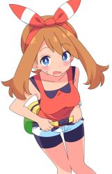 1girl bag belt black_shorts blue_eyes bracelet breasts bright_pupils brown_hair collarbone commentary cutefires feet_out_of_frame from_above holding holding_belt jewelry looking_at_viewer may_(pokemon) nintendo open_mouth pokemon pokemon_oras red_shirt shirt shorts simple_background sleeveless solo waist_bag white_background white_shorts worried