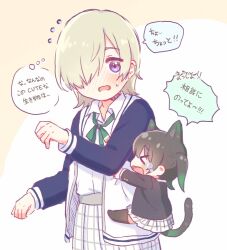 &gt;_&lt; 2girls animal_ears black_hair black_jacket black_sleeves blush cat_ears cat_girl cat_tail collared_shirt commentary_request crying dress_shirt fang flipped_hair gradient_hair green_hair green_ribbon grey_hair hair_over_one_eye hanging_on jacket kemonomimi_mode letterman_jacket long_sleeves loose_neck_ribbon love_live! love_live!_nijigasaki_high_school_idol_club medium_hair mia_taylor mini_person minigirl miniskirt multicolored_hair multiple_girls neck_ribbon nijigasaki_school_uniform nose_blush one_eye_covered open_mouth plaid_clothes plaid_skirt pleated_skirt purple_eyes ribbon school_uniform shirt short_hair skirt speech_bubble tail takasaki_yu thought_bubble translation_request twintails white_jacket white_shirt white_skirt yoon_(yoon_lovelive)