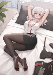 1girl 2840230290 absurdres armpit_crease armpits arms_behind_head black_pantyhose black_skirt breasts cleavage closed_mouth collarbone collared_shirt commentary_request dress_shirt feet foot_focus full_body girls&#039;_frontline girls&#039;_frontline_2:_exilium highres id_card indoors long_hair looking_at_viewer neck_ribbon no_shoes on_bed pantyhose pillow plant potted_plant red_eyes red_ribbon ribbon sabrina_(girls&#039;_frontline_2) shirt skirt smile soles solo spas-12_(girls&#039;_frontline) toes tongue tongue_out untied_ribbon unworn_clothes white_hair white_shirt wooden_floor