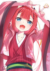 Rule 34 | 1girl, :d, absurdres, arms up, blue eyes, blunt bangs, blush, braid, center-flap bangs, cherry blossom print, commentary, fake horns, fang, floral print, floral print kimono, hair ornament, hairclip, happy, highres, hood, hood down, hooded kimono, horns, japanese clothes, kamiyama shiki, kimono, long hair, long sleeves, looking at viewer, open clothes, open kimono, open mouth, pink kimono, ponytail, print kimono, red hair, red kimono, sidelocks, signature, simple background, smile, solo, striped clothes, striped kimono, suimei (ramebi3), summer pockets, tassel, tassel hair ornament, twin braids, upper body, vertical-striped clothes, vertical-striped kimono, very long hair, white background, wide sleeves