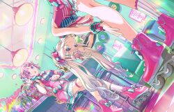 2girls :3 :o anyoji_hime aqua_bow aqua_bowtie armpit_crease bar_stool bare_shoulders bent_over blonde_hair blue_eyes blue_hair blunt_bangs boots bow bowtie breasts ceiling_light closed_mouth corded_phone diner dutch_angle fang fang_out footwear_bow from_below game_cg gradient_hair hair_ornament hand_on_own_leg heart heart_hair_ornament highres holding holding_phone indoors initial letter_hair_ornament light_bulb link!_like!_love_live! looking_at_viewer love_live! medium_breasts miniskirt mira-cra_park! multi-tied_hair multicolored_hair multiple_girls navel neon_lights non-web_source o-ring o-ring_thigh_strap official_alternate_costume official_art on_stool open_mouth osawa_rurino phone pink_boots pink_hair pink_shirt pink_skirt pink_wrist_cuffs pleated_skirt ponytail record roller_skates shirt sidelocks single_sock sitting skates skirt sleeveless sleeveless_shirt socks standing stool striped_clothes striped_socks thigh_strap twintails vertical-striped_clothes vertical-striped_socks virtual_youtuber wawo!_(love_live!) white_socks wrist_cuffs x_hair_ornament