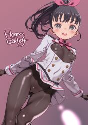 1girl artist_name black_eyes black_gloves black_hair black_pantyhose breasts cameltoe commentary_request fukuyama_mai gloves gluteal_fold highres idolmaster idolmaster_cinderella_girls jacket long_hair long_sleeves looking_at_viewer miniskirt open_mouth paid_reward_available pantyhose pleated_skirt ponytail puddinghomhom purple_background signature simple_background skirt small_breasts solo teeth upper_teeth_only white_jacket white_skirt