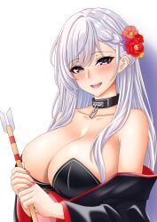 1girl absurdres alternate_costume azur_lane belfast_(azur_lane) black_collar black_kimono breasts cleavage collar flower gachishizyou grey_eyes grey_hair hair_flower hair_ornament highres japanese_clothes kimono long_hair looking_at_viewer nail_polish open_mouth pink_nails smile solo thick_thighs thighs very_long_hair