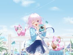 1girl aged_down artist_name blue_coat blue_eyes blue_skirt blue_sky blurry blurry_foreground camera cat chinese_commentary chinese_text coat commentary_request cowboy_shot depth_of_field earrings highres holding holding_camera honkai:_star_rail honkai_(series) jewelry jiuleyan march_7th_(honkai:_star_rail) multicolored_eyes official_alternate_costume official_alternate_design one_eye_closed open_clothes open_coat open_mouth pink_cat pink_eyes pink_hair pink_pupils pleated_skirt shirt single_earring skirt sky smile two-tone_eyes white_shirt
