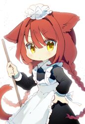 1girl :| animal_ears apron black_dress braid cat_ears cat_girl cat_tail chinese_commentary closed_mouth collared_dress commentary_request cowboy_shot dress fata_morgana_no_yakata hair_between_eyes hand_on_own_hip highres holding long_hair long_sleeves looking_at_viewer maid maid_apron morgana_(fata_morgana_no_yakata) red_hair tail twin_braids v-shaped_eyebrows white_background yellow_eyes yuer6350
