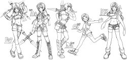 1girl arm_ribbon armor asymmetrical_legwear belt boots crisis_core_final_fantasy_vii crop_top cropped_vest dirge_of_cerberus_final_fantasy_vii final_fantasy final_fantasy_vii final_fantasy_vii_advent_children fingerless_gloves fishnet_armwear fishnet_thighhighs fishnets full_body gloves grin hand_on_own_hip headband holding holding_shuriken holding_weapon hood hooded_vest hoodie kingdom_hearts lace-up_boots lace-up_sleeves leg_warmers lineart loose_belt multiple_views navel ninja_(final_fantasy) official_alternate_costume one_eye_closed open_fly open_mouth outstretched_arms over_shoulder pouch ribbon scarf shirt shoes short_hair short_shorts shorts shoulder_armor shuriken sleeveless sleeveless_shirt sleeveless_turtleneck smile sneakers square_enix thigh_pouch thighhighs turtleneck vest weapon weapon_over_shoulder wristband yonesuke yuffie_kisaragi