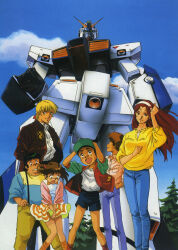 1980s_(style) 2girls 4boys age_difference alfred_izuruha alternate_universe artist_request bernard_wiseman black_hair blonde_hair blue_sky brown_hair chay_(gundam_0080) christina_mackenzie cloud dorothy_(gundam) good_end gundam gundam_0080 gundam_alex hat highres jacket key_visual long_hair mecha mobile_suit multiple_boys multiple_girls official_art oldschool production_art promotional_art red_hair retro_artstyle robot scan science_fiction short_hair shorts size_difference skirt sky suspenders telcott_(gundam_0080) traditional_media tree v-fin vernier_thrusters vest wind wind_lift