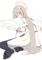 Rule 34 | 1girl, absurdres, black pantyhose, blue archive, blush, brown eyes, brown hair, chest harness, commentary request, dress, feathered wings, flower, furrowed brow, hair flower, hair ornament, halo, harness, highres, long hair, looking at viewer, looking back, nagisa (blue archive), pantyhose, queensalmon221, sailor collar, simple background, sitting, solo, very long hair, white background, white dress, white sailor collar, white wings, wings