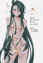 1girl artist_name bare_shoulders bikini collarbone earrings female_focus flat_chest game_freak green_hair highres japanese_text jewelry light_blush long_hair mtkpasta nintendo pokemon pokemon_sv red_eyes rika_(pokemon) simple_background skinny swimsuit translation_request very_long_hair watermark