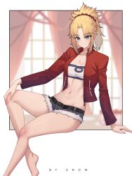 Rule 34 | 1girl, arm support, bandeau, belt, black belt, blonde hair, braid, breasts, cleavage, cleavage cutout, clothing cutout, commentary, crown braid, curtains, fate/apocrypha, fate (series), green eyes, highres, micro shorts, mordred (fate), mordred (memories at trifas) (fate), navel, ponytail, red eyes, shorts, sitting, skinny, small breasts, solo, suhyeon, window