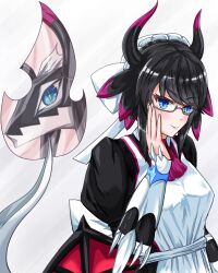 1girl apron black_hair blue_eyes blush breasts dragon_girl dragon_horns dragon_tail dragon_wings dragonmaid_sheou dress duel_monster glasses hair_ornament hana_yamakiri hand_on_own_cheek hand_on_own_face horns house_dragonmaid long_sleeves looking_at_viewer maid maid_apron maid_headdress puffy_long_sleeves puffy_sleeves simple_background smile tail upper_body white_apron white_background wings yu-gi-oh!
