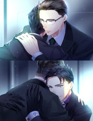 2boys absurdres araragi_soushi batman_(series) black-framed_eyewear black_gloves black_hair cuff_links dc_comics edward_nygma formal_clothes gloves gotham_(series) hair_slicked_back highres houndstooth hug indoors multiple_boys necktie oswald_chesterfield_cobblepot suit yaoi