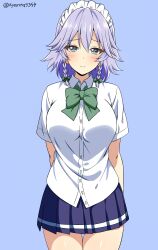 1girl alternate_costume arms_behind_back blue_background blue_eyes blue_skirt bow bowtie braid breasts closed_mouth cowboy_shot green_bow green_bowtie grey_hair hair_bow highres izayoi_sakuya kyanta5354 large_breasts looking_at_viewer maid_headdress medium_hair miniskirt pleated_skirt raised_inner_eyebrows school_uniform shirt short_sleeves side_braids simple_background skirt solo touhou white_shirt