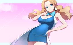 1girl aged_up alternate_breast_size bare_arms blonde_hair blue_dress blue_eyes bow breasts cleavage closed_mouth coat commentary_request commission dress earrings hand_on_own_hip highres jewelry large_breasts long_hair looking_down molly_hale nintendo open_clothes open_coat pink_background pixiv_commission pokemon pokemon_(anime) pokemon_(classic_anime) pokemon_3:_the_movie_-_spell_of_the_unown:_entei ryokuchabushi sleeveless sleeveless_coat smile solo white_coat