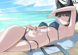 1girl :3 absurdres adjusting_clothes adjusting_swimsuit animal_ear_fluff animal_ears beach bikini black_eyes black_hair blue_archive blue_bikini cat cat_ears cat_girl cat_tail closed_mouth covered_erect_nipples highres katagiri_nanoka kikyou_(blue_archive) kikyou_(swimsuit)_(blue_archive) looking_at_viewer multiple_tails navel ocean official_alternate_costume sand short_hair smile solo stomach swimsuit tail towel two_tails