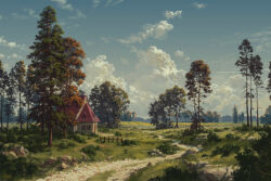 absurdres blue_sky cloud cloudy_sky commentary day english_commentary fence field grass highres house original outdoors philipp_urlich rock scenery sky tree