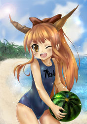 Rule 34 | 1girl, beach, bow, brown eyes, competition swimsuit, day, dtcy, female focus, food, forest, fruit, hair bow, hip focus, holding, holding food, holding fruit, holding watermelon, horns, ibuki suika, long hair, nature, ocean, one-piece swimsuit, one eye closed, open mouth, orange hair, palm tree, pointy ears, ponytail, smile, solo, sun, swimsuit, touhou, tree, watermelon, wide hips, wink
