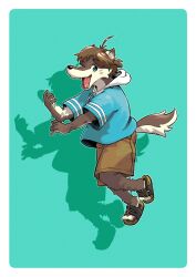 1boy absurdres ahoge animal_ears blue_background blue_hoodie brown_hair brown_shorts commentary_request fangs furry furry_male highres hood hood_down hoodie looking_at_viewer male_focus morenatsu one_eye_closed open_mouth shadow shorts shun_kodori smile tail takichizento whiskers wolf_boy wolf_ears wolf_tail