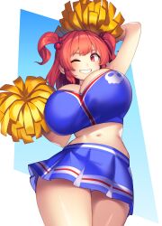 1girl ;d absurdres blue_background blue_skirt blue_tank_top blush breasts cheerleader cleavage commission commissioner_upload hair_bobbles hair_ornament highres huge_breasts looking_at_viewer navel non-web_source one_eye_closed onozuka_komachi onozuka_komachi_(happy-to-listen_cheer-up_guide) open_mouth pom_pom_(cheerleading) red_eyes red_hair short_hair skeb_commission skirt skull_print smile solo tank_top tarmo thighs touhou touhou_lostword two_side_up variant_set