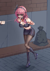 Rule 34 | 1girl, absurdres, alternate costume, angel beats!, arms behind back, ball gag, bare shoulders, bdsm, black boots, black bow, black choker, black hairband, black pantyhose, blindfold, blunt bangs, blush, bondage, boots, bound, bound arms, bow, breasts, cap (user dxfj5558), choker, cleavage, collar, collarbone, commentary, covered eyes, crop top, drooling, feather hair ornament, feathers, figure story, full body, gag, gagged, hair bow, hair ornament, hairband, high heel boots, high heels, highres, knee boots, large variant set, leaning forward, leash, long hair, medium breasts, midriff, miniskirt, mouth drool, nakamura yuri, pantyhose, pencil skirt, public indecency, purple hair, saliva, shibari, shibari over clothes, shorts, side slit, skindentation, skirt, solo, standing, standing on one leg, thighband pantyhose, v-shaped eyebrows, variant set, wiffle gag