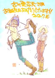 1boy 1girl belt blonde_hair boots denim full_body grass gundam highres jeans kai_shiden kotobuki_tsukasa mobile_suit_gundam pants sayla_mass smile