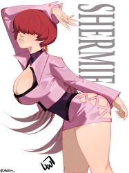 1girl ass bent_over breasts cleavage cleavage_cutout clothing_cutout curvy dress earrings female_focus fingernails fishnets huge_ass huge_breasts jewelry l4wless large_breasts long_fingernails long_hair pale_skin ponytail shermie_(kof) skirt smile standing the_king_of_fighters thick_thighs thighs twintails wide_hips