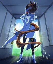 1girl agnes_tachyon_(umamusume) ahoge animal_ears ankle_boots armband black_pantyhose boots brown_hair coat from_behind glowing glowing_eyes grass hand_on_own_hip high_heel_boots high_heels highres horse_ears horse_girl horse_tail lab_coat long_tail looking_at_viewer looking_back medium_hair morimoru413 pantyhose red_armband red_eyes sky sleeves_past_fingers sleeves_past_wrists smile solo standing sunlight tail umamusume white_boots white_coat wolf_cut
